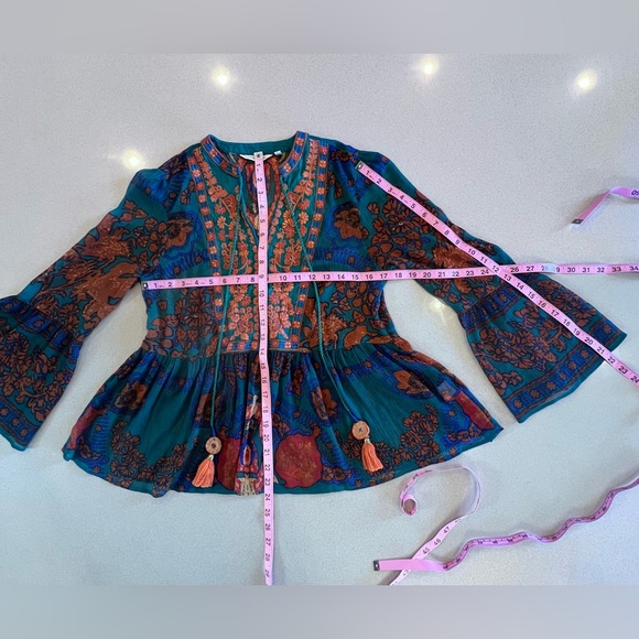 Soft Surroundings Sheer Blouse Embroidery Tassels Bell Sleeve Sz Small - Picture 6 of 12